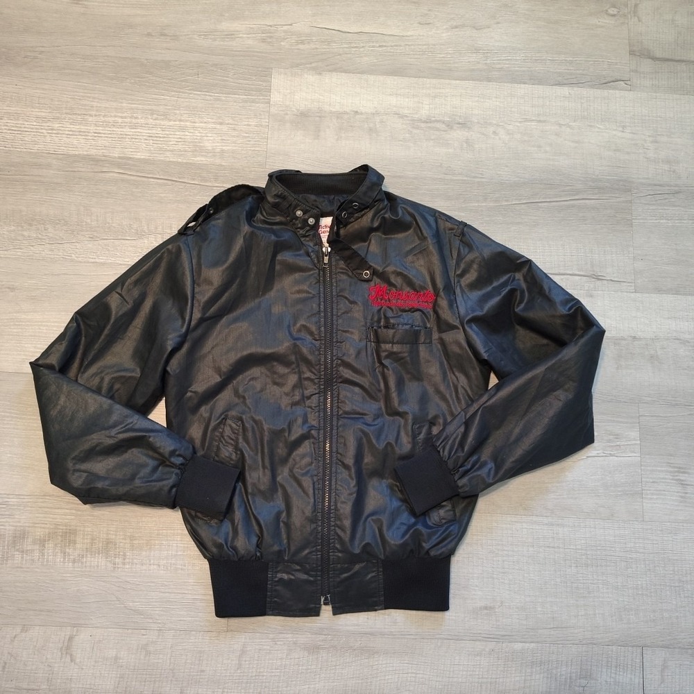 Vtg Bombers‎ Jacket Members Only Style Small Black Shiny USA Monsanto